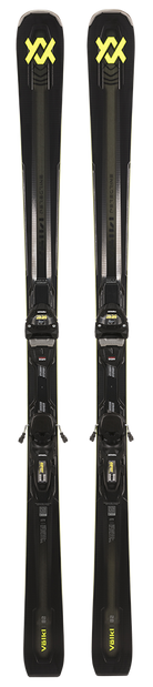 A pair of black 2027 Volkl Peregrine 82 skis that feature an integrated binding system and are designed for advanced on-piste skiers.