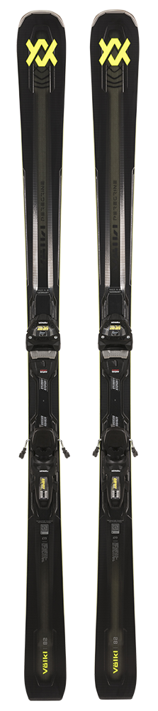 A pair of black 2027 Volkl Peregrine 82 skis that feature an integrated binding system and are designed for advanced on-piste skiers.