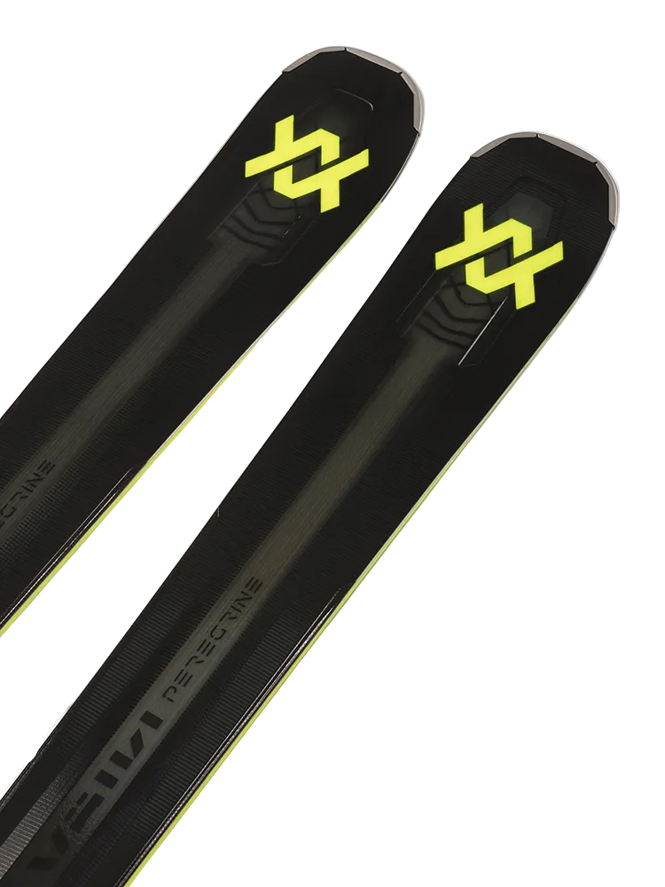 A pair of black 2027 Volkl Peregrine 82 skis that feature an integrated binding system and are designed for advanced on-piste skiers.