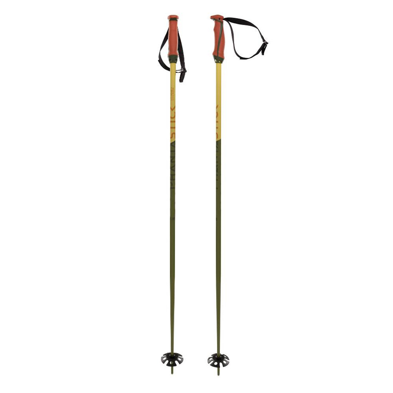 A pair of yellow and green Volkl Phantastick Ski Poles that are ligjtweight and feature all-mountain baskets.