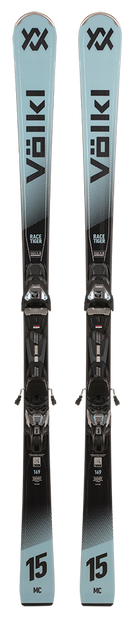 A pair of blue 2027 Volkl Racetiger MC skis that are designed for aggressive frontside carving.