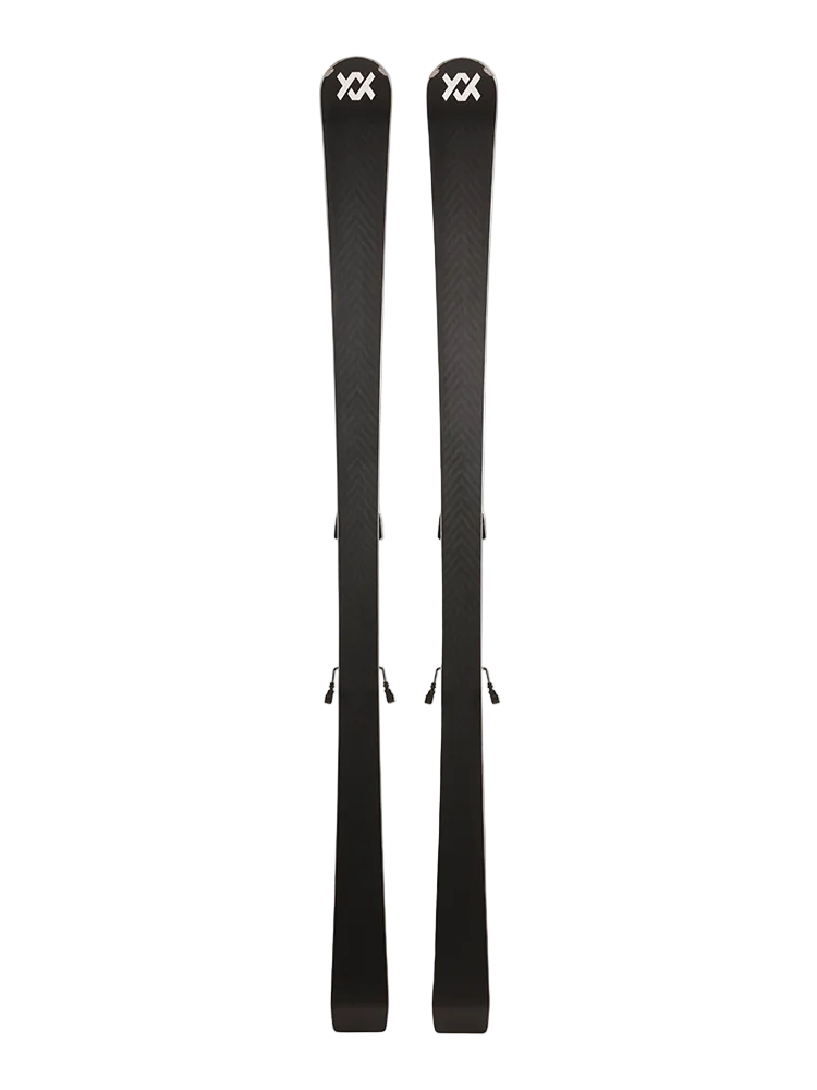 A pair of blue 2027 Volkl Racetiger MC skis that are designed for aggressive frontside carving.
