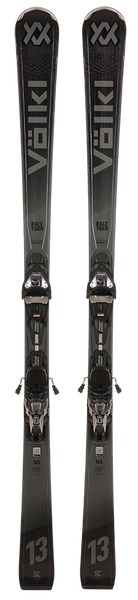 A pair of black 2027 Volkl Racetiger SC skis that are designed for aggressive on-piste carving.