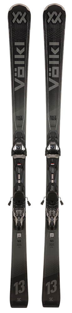 A pair of black 2027 Volkl Racetiger SC skis that are designed for aggressive on-piste carving.