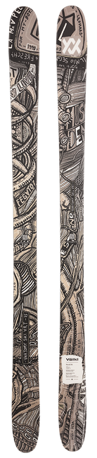A pair of black and white 2027 Volkl Revolt 96 skis that are intended for freestyle skiing.
