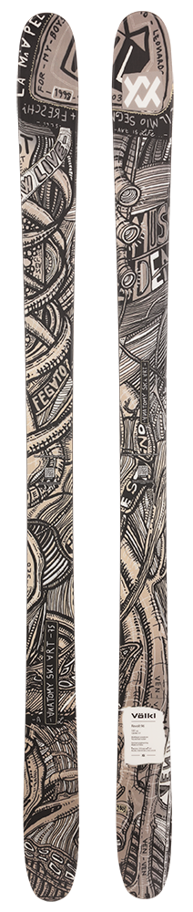 A pair of black and white 2027 Volkl Revolt 96 skis that are intended for freestyle skiing.