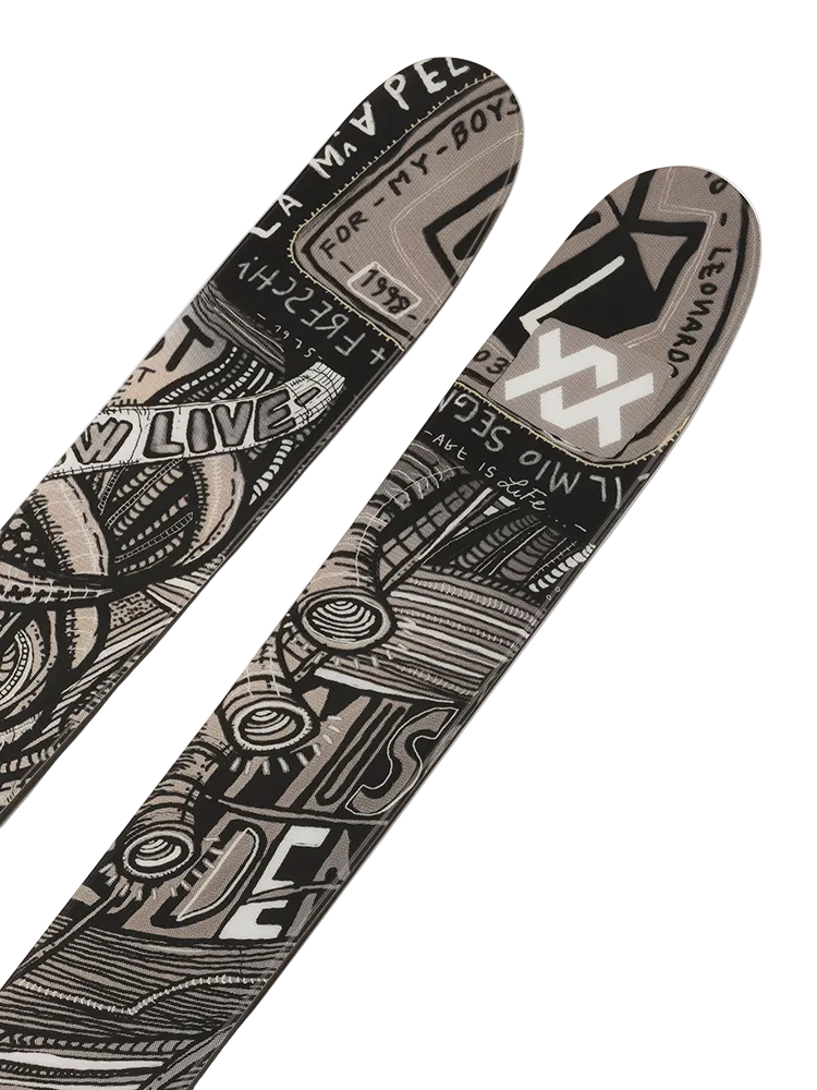 A pair of black and white 2027 Volkl Revolt 96 skis that are intended for freestyle skiing.