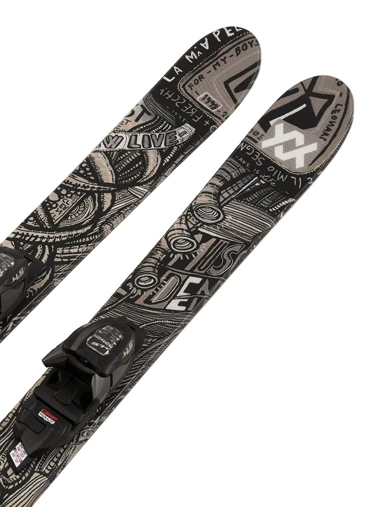 A pair of black and gray 2027 Volkl Revolt Jr Urban skis that are designed for freestyle skiing.