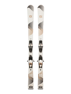 A pair of white 2027 Volkl Shine 76 skis that come with bindings and are designed for intermediate female skiers.