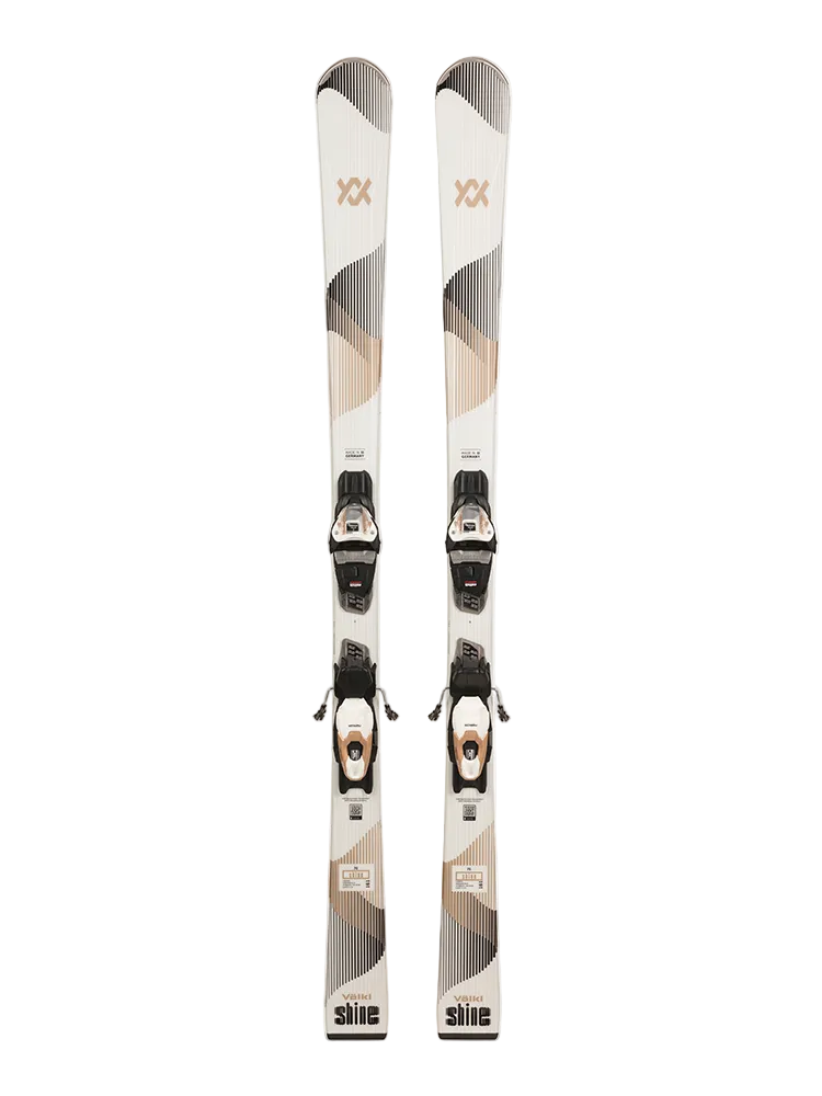 A pair of white 2027 Volkl Shine 76 skis that come with bindings and are designed for intermediate female skiers.
