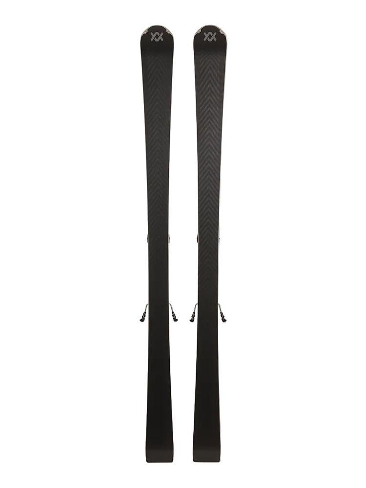 A pair of white 2027 Volkl Shine 76 skis that come with bindings and are designed for intermediate female skiers.