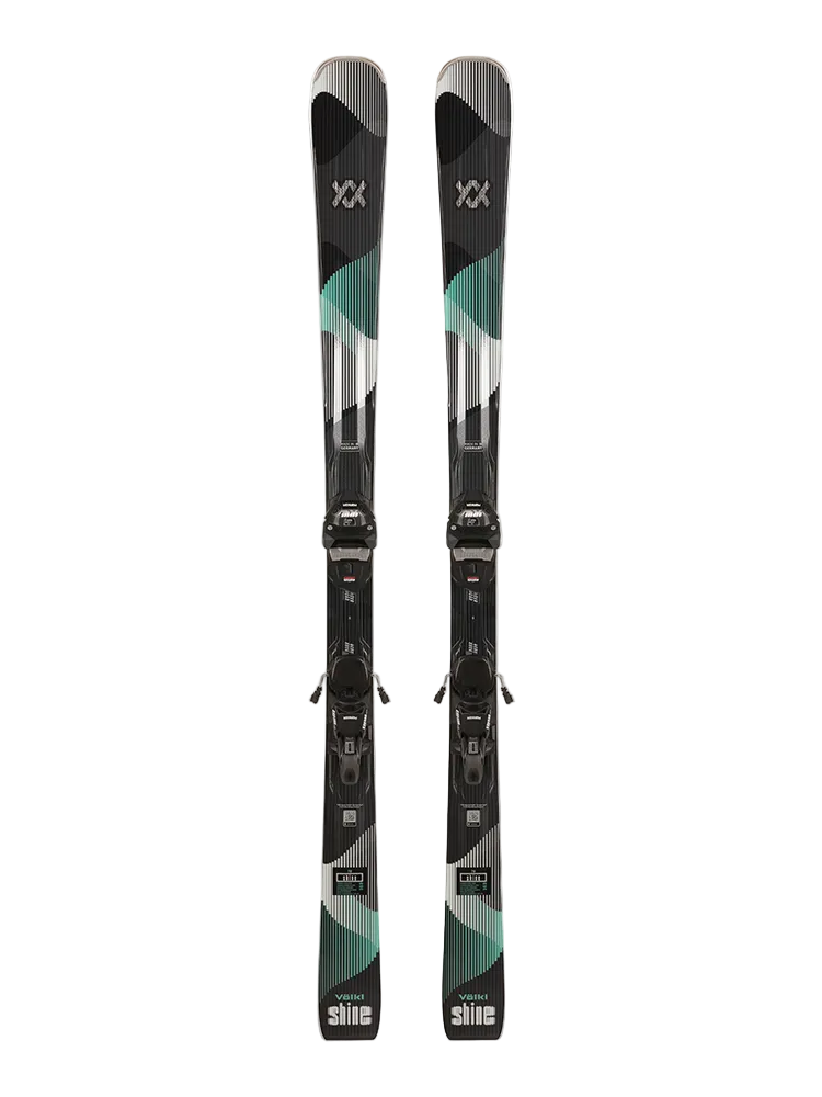 A pair of black, white, and teal 2027 Volkl Shine 78 skis that are designed for advanced female on-piste skiers.