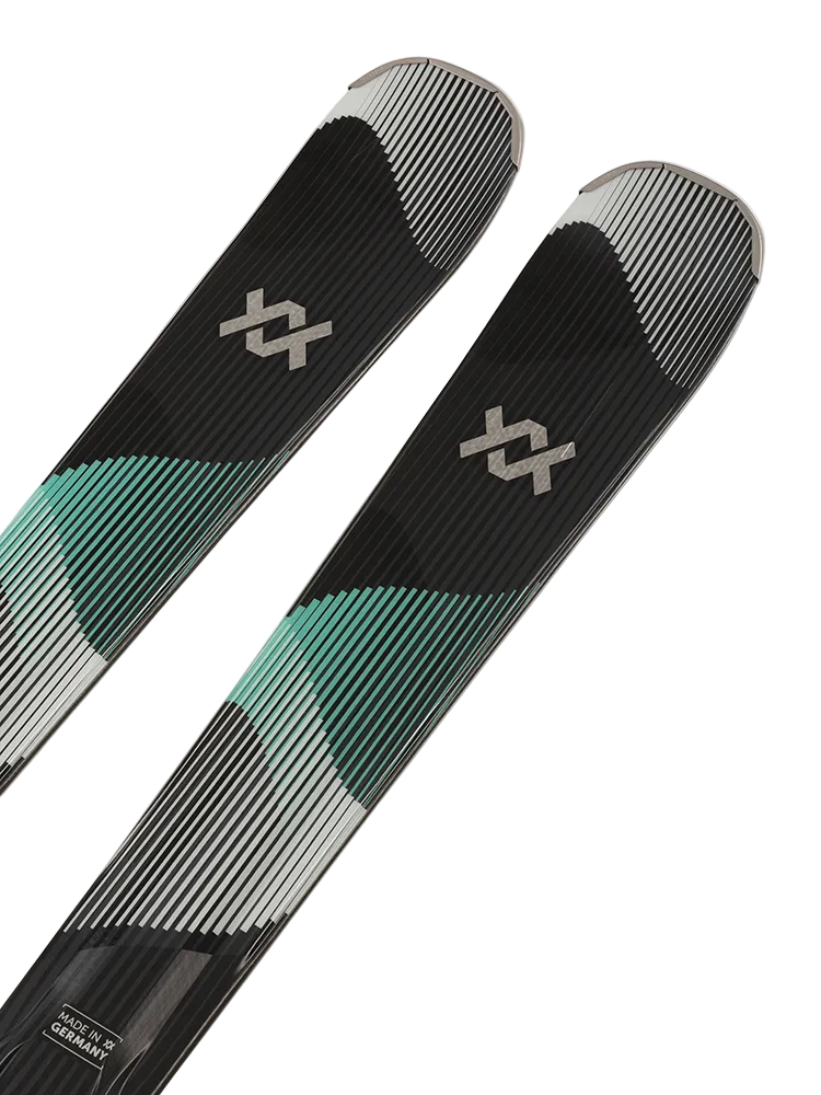 A pair of black, white, and teal 2027 Volkl Shine 78 skis that are designed for advanced female on-piste skiers.