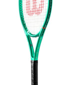 A Wilson Blade Junior 25" V10 hihg-performance control tennis racket with a metallic green frame designed for competitive level kids