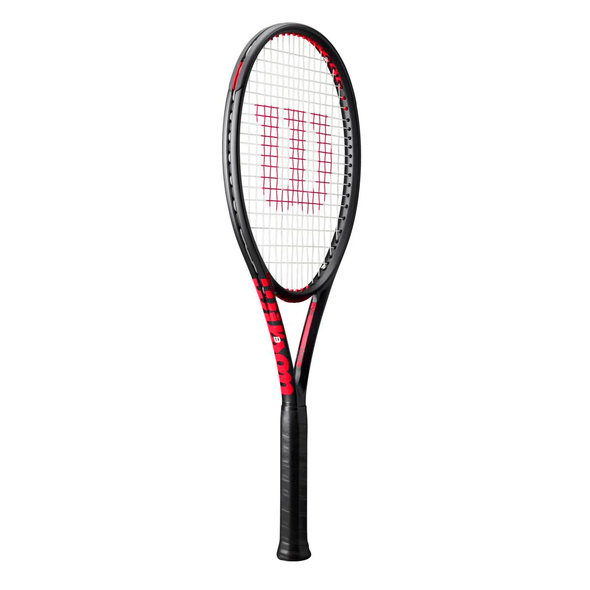 A Wilson Clash 100 high-perfomance versatile tennis racket that has a black frame and red accents.