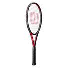 A Wilson Clash 100 high-perfomance versatile tennis racket that has a black frame and red accents.