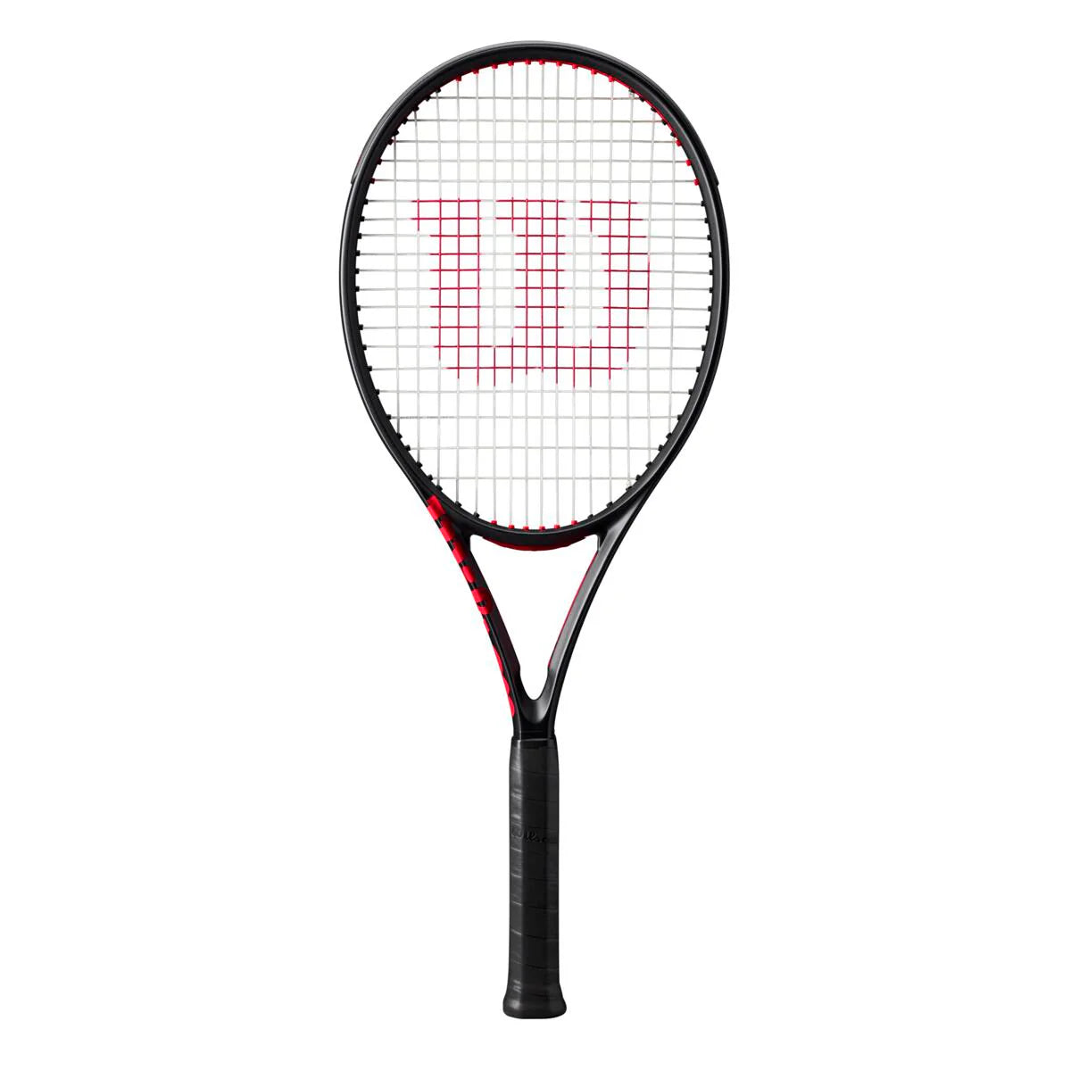A Wilson Clash 100 high-perfomance versatile tennis racket that has a black frame and red accents.