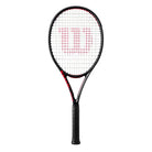 A Wilson Clash 100 high-perfomance versatile tennis racket that has a black frame and red accents.