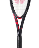 A Wilson Clash 100 high-perfomance versatile tennis racket that has a black frame and red accents.