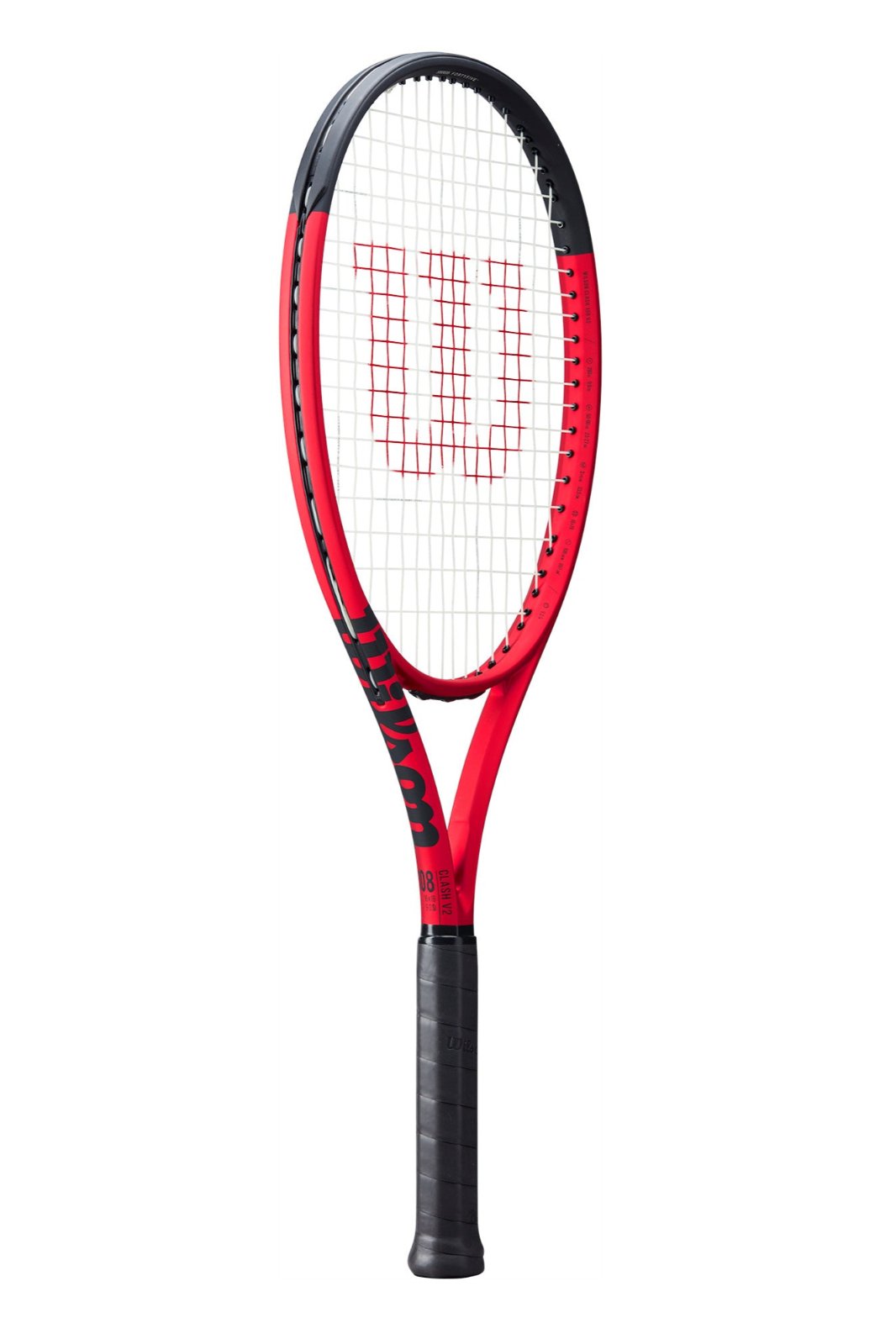 A Wilson Clash 108 V2.0 high-performance power tennis racket showing off its red and black frame