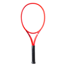 A red Wilson Defyer 100 Tennis Racket that is designed for spin.
