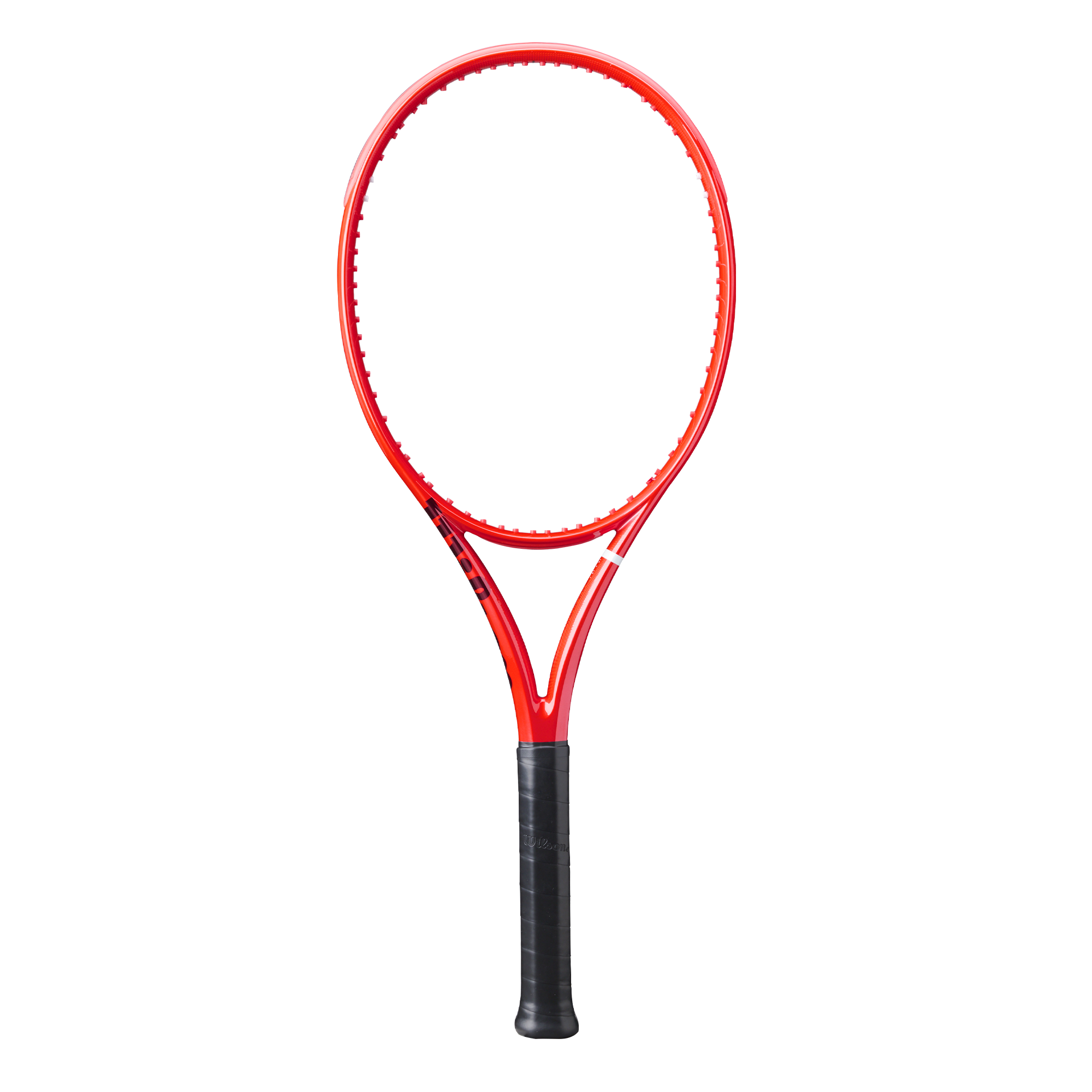 A red Wilson Defyer 100 Tennis Racket that is designed for spin.