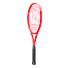 A red Wilson Defyer 100 Tennis Racket that is designed for spin.