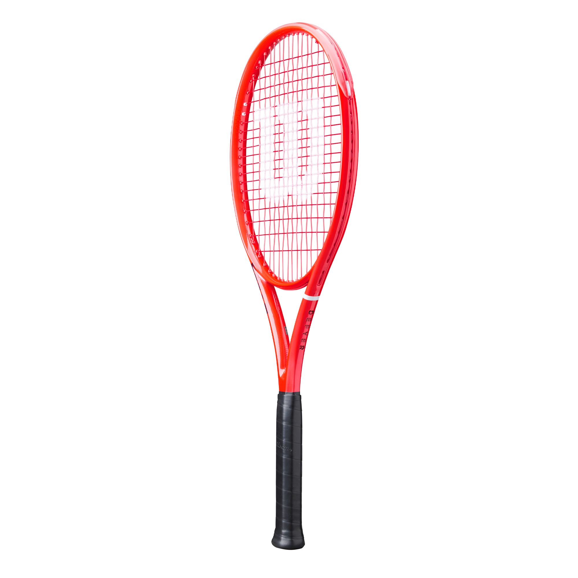 A red Wilson Defyer 100 Tennis Racket that is designed for spin.