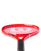 A red Wilson Defyer 100 Tennis Racket that is designed for spin.