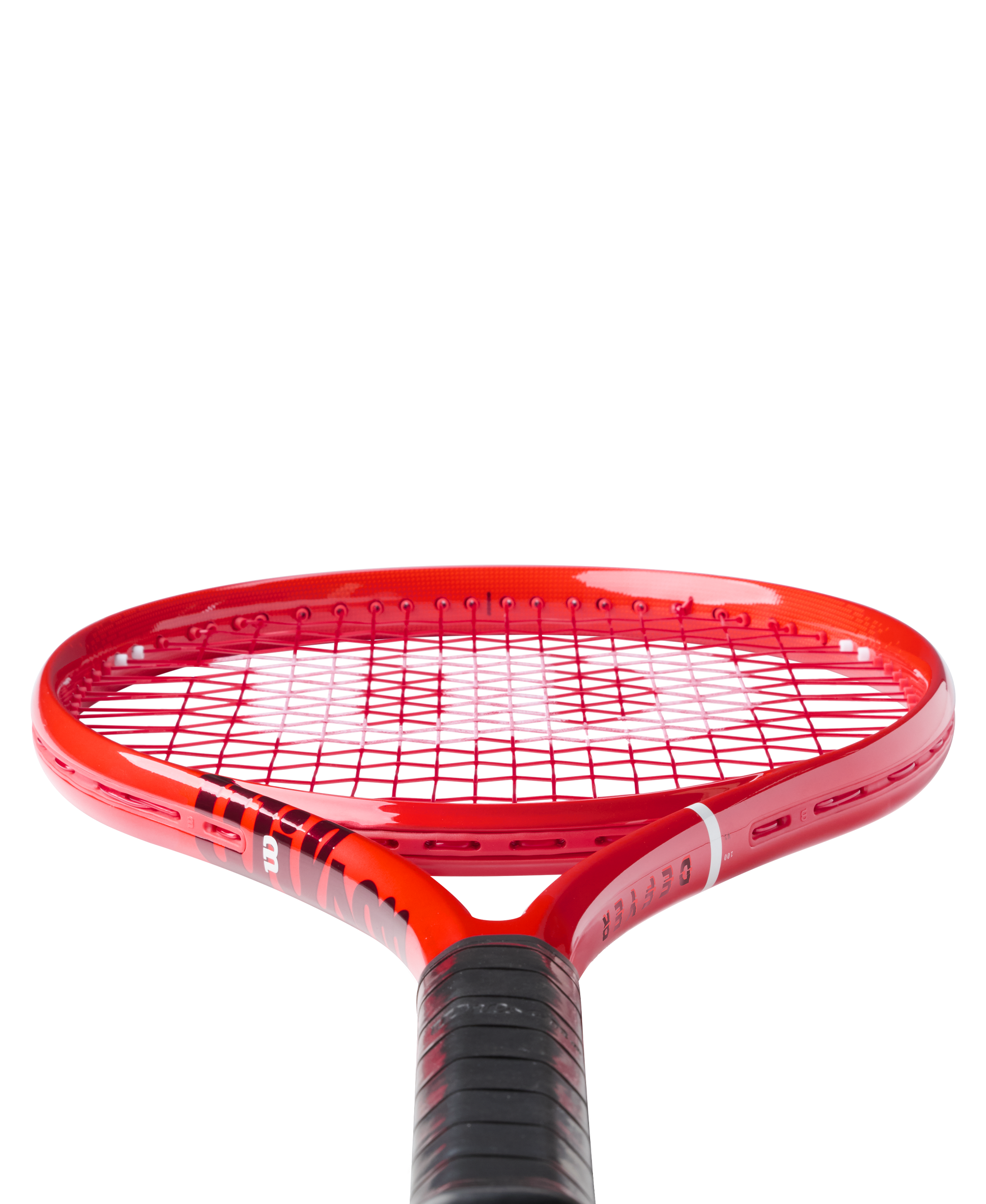 A red Wilson Defyer 100 Tennis Racket that is designed for spin.