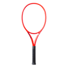 A red Wilson Defyer 100L V1 tennis racket that features a lightweight design and is designed for spin.