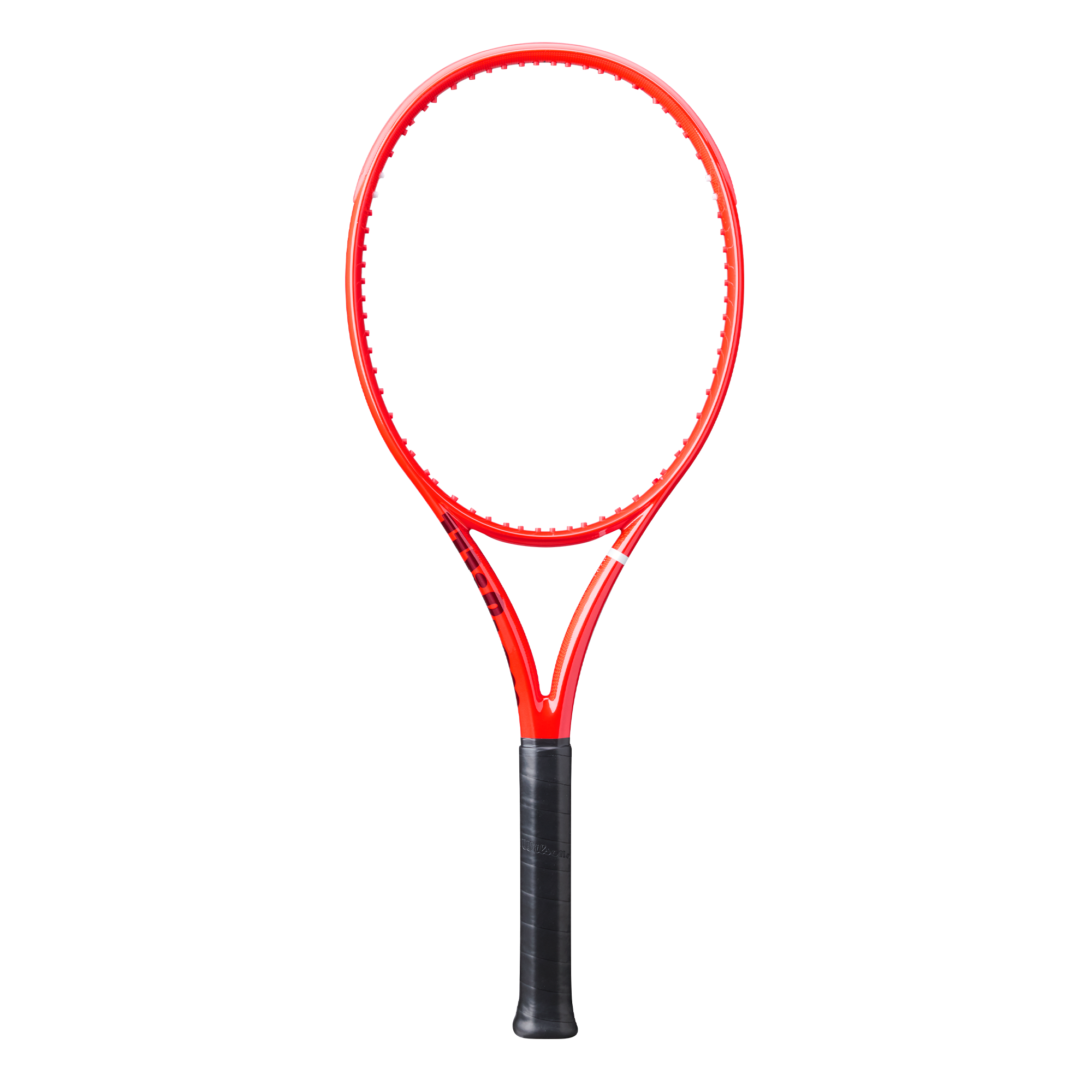 A red Wilson Defyer 100L V1 tennis racket that features a lightweight design and is designed for spin.