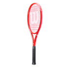 A red Wilson Defyer 100L V1 tennis racket that features a lightweight design and is designed for spin.