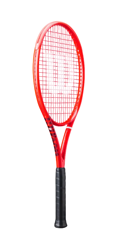 A red Wilson Defyer 98 Pro V1 Tennis Racket that is designed for advanced players looking for a racket with spin and power.