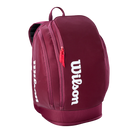 A Wilson Defyer Tennis Backpack showing water-resistant polyester exterior, rear locking 2-racquet compartment, ventilated bottom shoe pocket, thermoguard side pocket, and padded mesh shoulder straps.