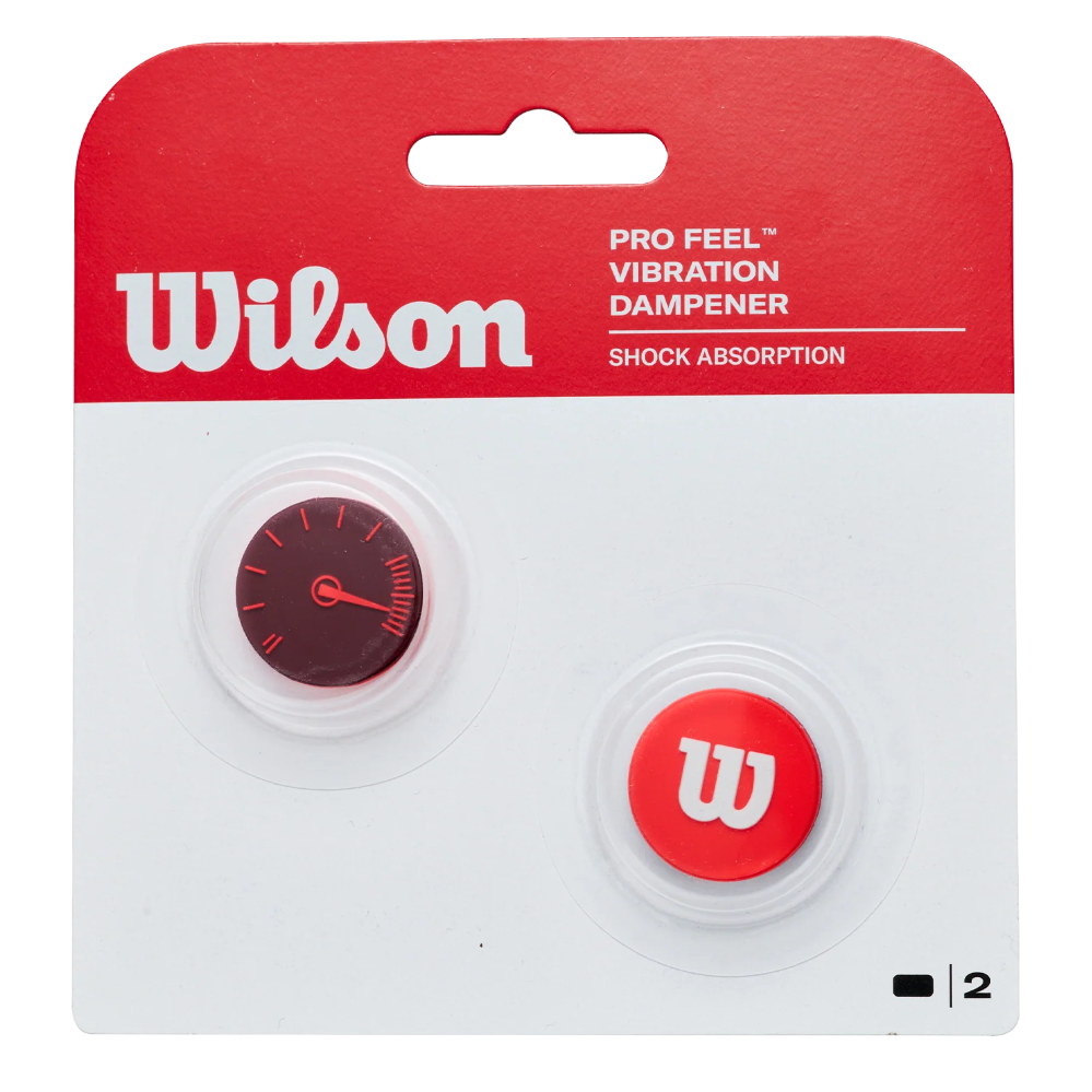 Wilson Pro Feel Defyer Dampeners showing molded elastomeric silicone construction, dual-string interlocking grooves, low-profile aerodynamic design, and raised Wilson branding.
