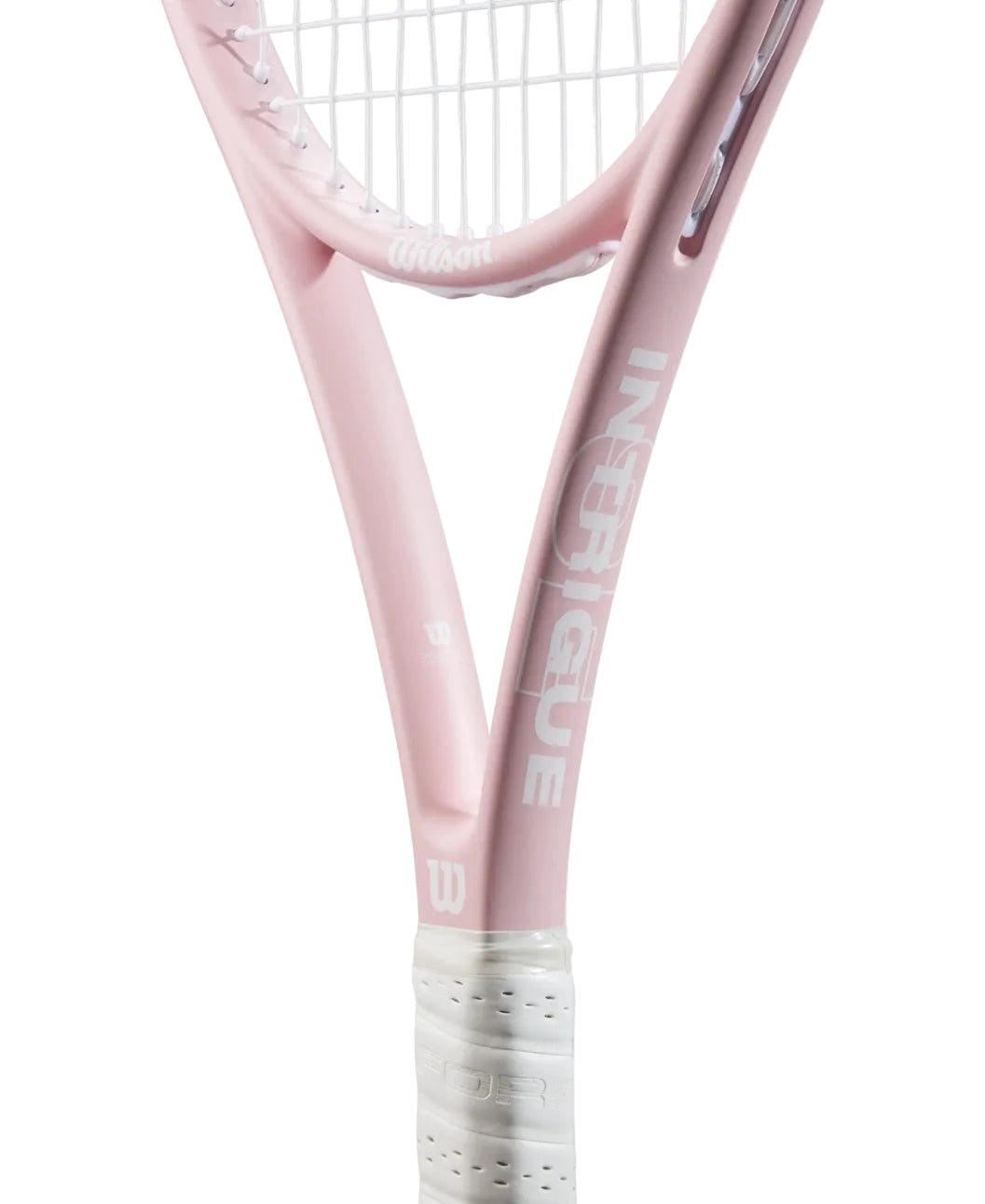 Wilson Intrigue SE Strung tennis racket in pink and white.