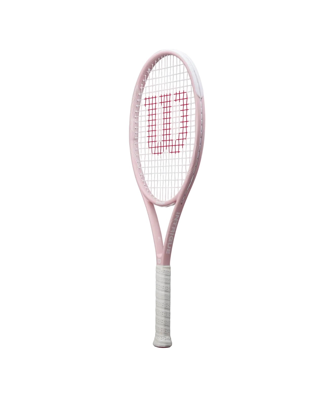 Wilson Intrigue SE Strung tennis racket in pink and white.