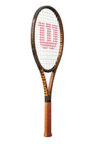 A Wilson Pro Staff 97L V14 high-performance control tennis racket with a brown grip and bronze frame.