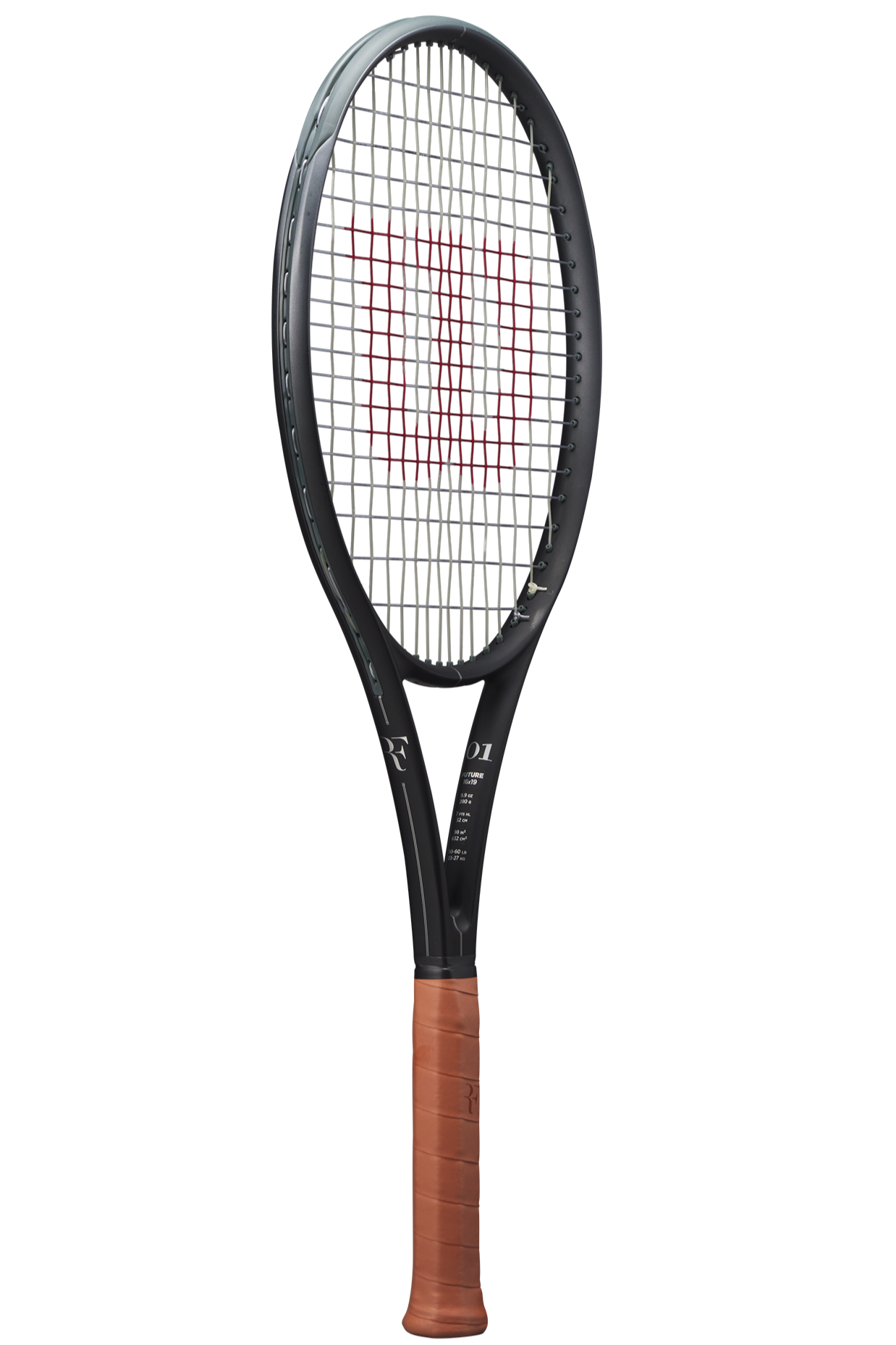 A Wilson RF 01 Future tennis racket with a black and silver color scheme, featuring an RF Roger Federer logo