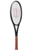 A Wilson RF 01 Future tennis racket with a black and silver color scheme, featuring an RF Roger Federer logo