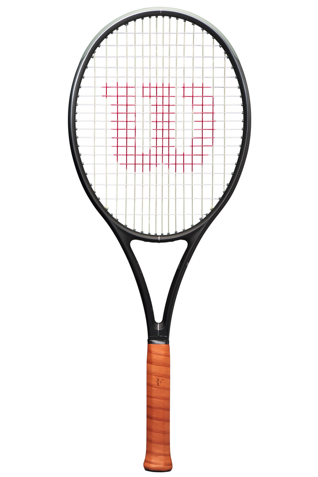 A Wilson RF 01 Future tennis racket with a black and silver color scheme, featuring an RF Roger Federer logo
