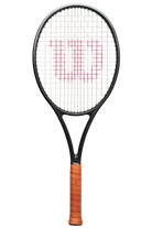 A Wilson RF 01 Future tennis racket with a black and silver color scheme, featuring an RF Roger Federer logo