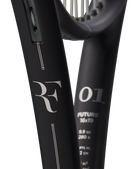 A Wilson RF 01 Future tennis racket with a black and silver color scheme, featuring an RF Roger Federer logo