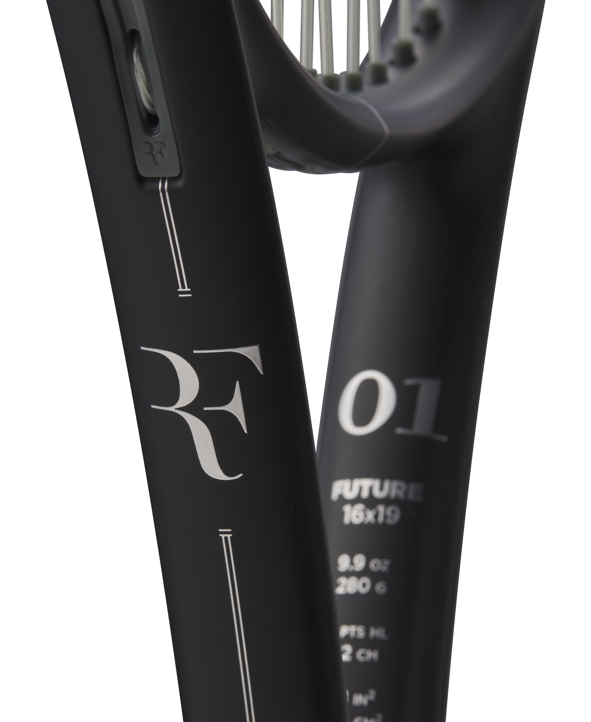 A Wilson RF 01 Future tennis racket with a black and silver color scheme, featuring an RF Roger Federer logo