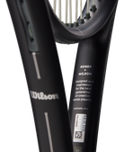 A Wilson RF 01 Future tennis racket with a black and silver color scheme, featuring an RF Roger Federer logo