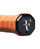 A Wilson RF 01 Future tennis racket with a black and silver color scheme, featuring an RF Roger Federer logo