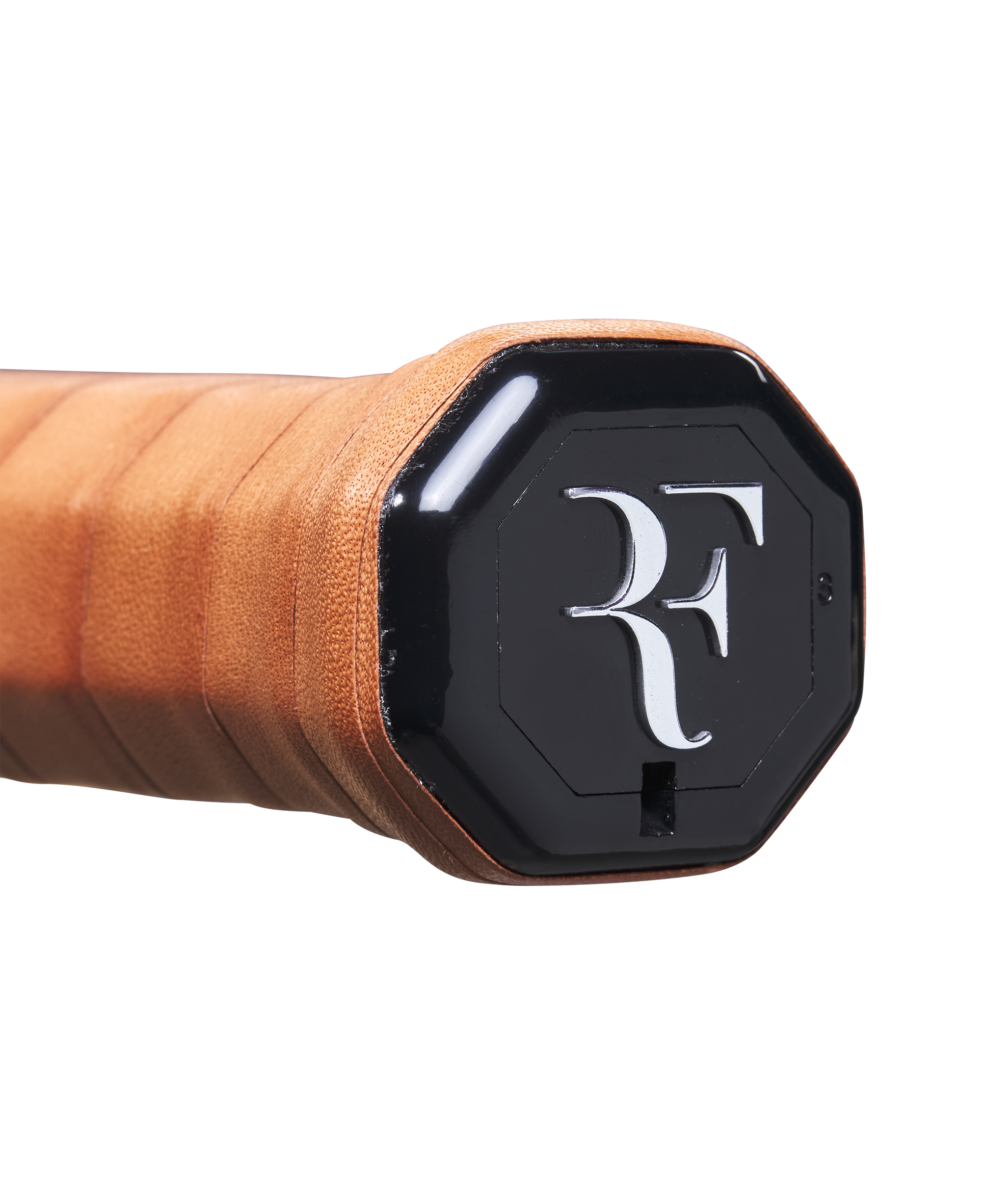 A Wilson RF 01 Future tennis racket with a black and silver color scheme, featuring an RF Roger Federer logo