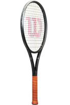 A Wilson RF 01 Pro high-performance control tennis racket that shows off its clean black and silver colouring, premium leather grip, and RF Roger Federer logo