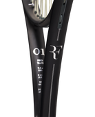 A Wilson RF 01 Pro high-performance control tennis racket that shows off its clean black and silver colouring, premium leather grip, and RF Roger Federer logo
